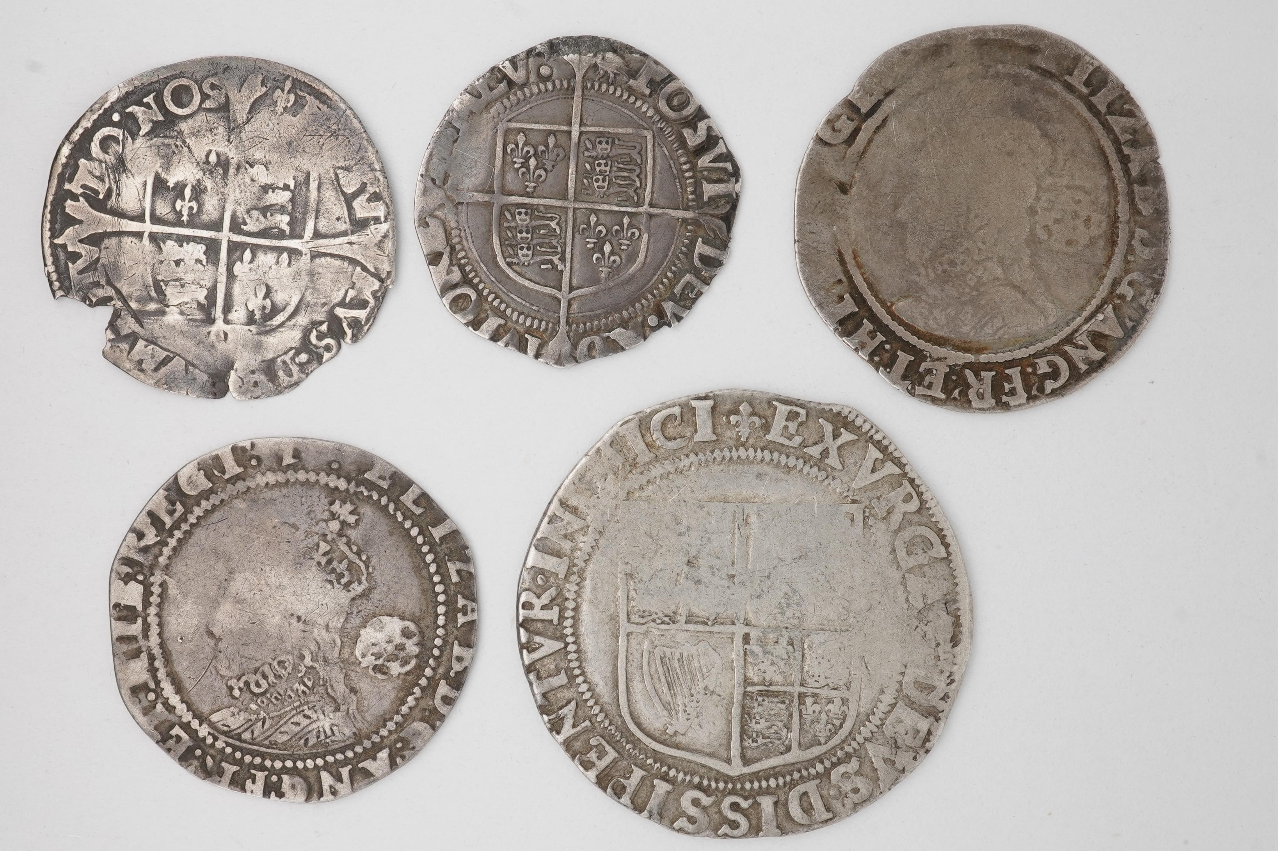 Five British hammered silver coins, House of Tudor and Stuart, Elizabeth I, first issue, groat, second issue, groat, sixth issue, sixpence, 1584, seventh issue, sixpence, 1602, James I, first coinage, shilling, mm. Lys,